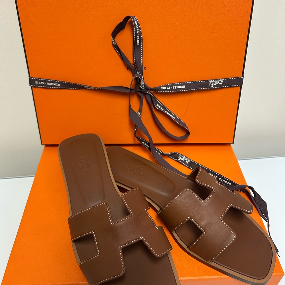 Hermes Tan Slide Sandals